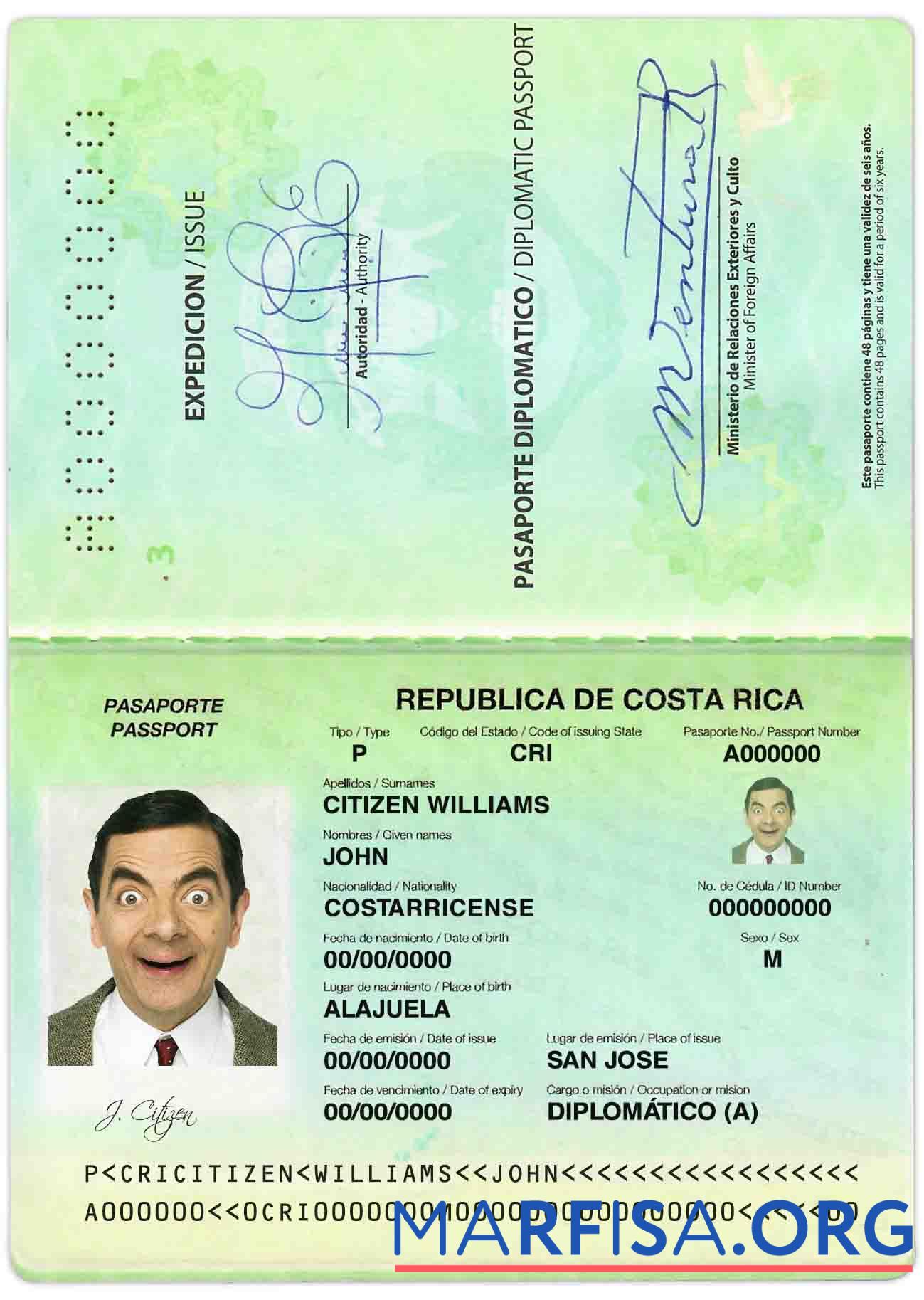 Blank Costa Rica diplomatic passport download for verification